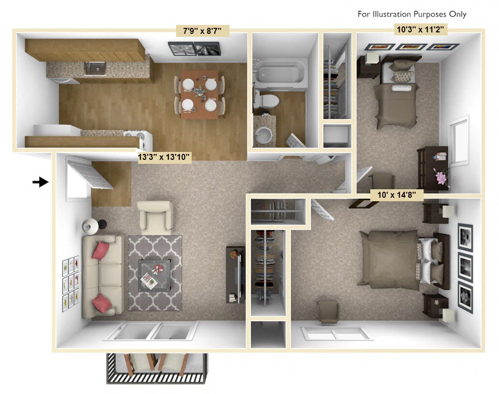 Floor plan for 2 beds, 1 bath, 760 sqft